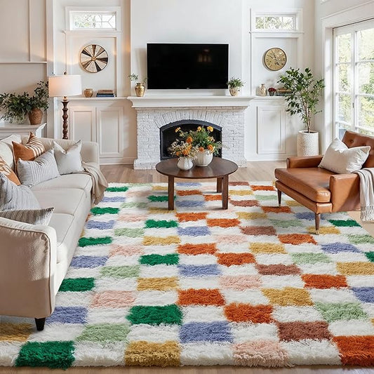 Checkered Rug 8x10 for Living Room, Modern Neutral Shag Rug Washable Non-Slip Large Area Rug Super Soft Indoor Fuzzy Carpet Fluffy Rugs for Bedroom Home Aesthetic Decor