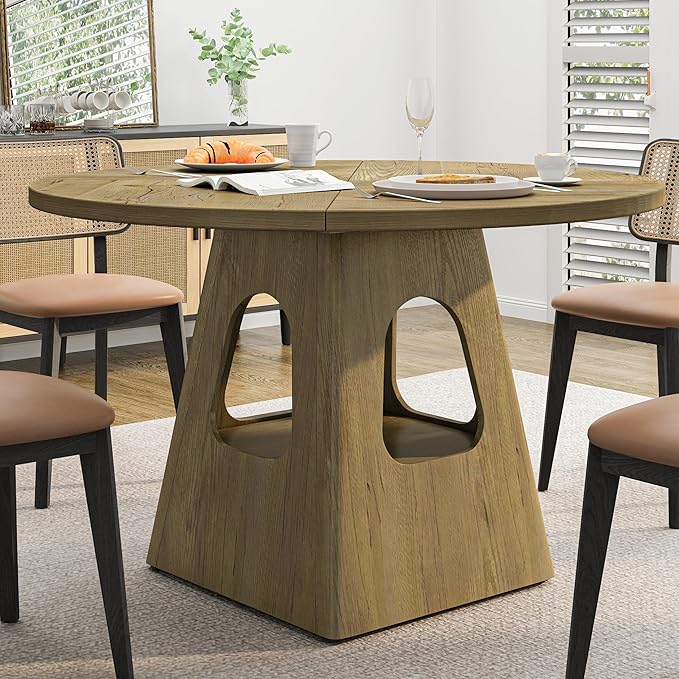 KEIKI 47" Round Dining Table for 4-6, Mid Century Modern Kitchen Table with Storage Base, Wooden Corner Dinner Desk for Living Room Breakfast Nook Restaurant, Easy Assembly, Natural