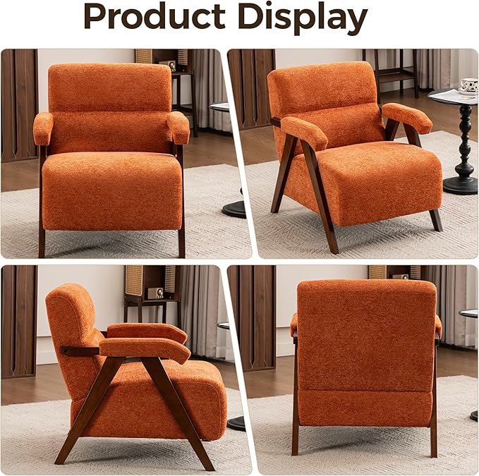 Accent Chair Set of 2 Mid Century Modern Living Room Chairs with Thick Cushion Comfy Upholstered Armchair Cozy Small Side Chairs for Reading Room Bedroom Orange