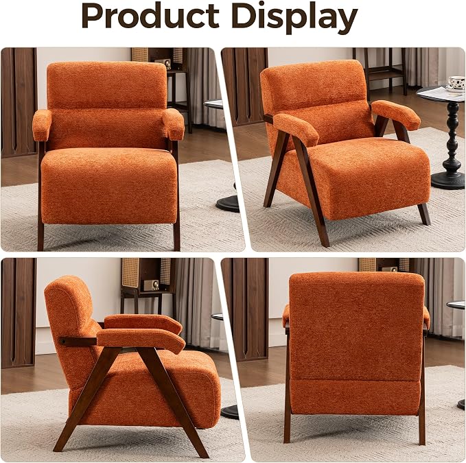Accent Chair Mid Century Modern Living Room Chairs with Thick Cushion Comfy Upholstered Armchair Cozy Small Side Chairs for Reading Room Bedroom Orange
