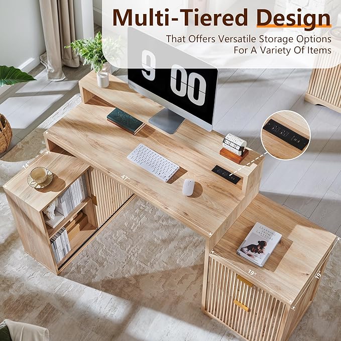 JXQTLINGMU 67" Modern L Shaped Desk with Storage Cabinet & Drawers, Wood Home Office Desk with Power Outlets, Fluted Computer Writing Desk, Oak
