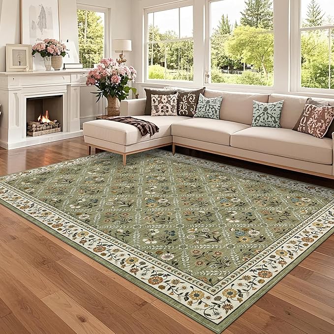 GarveeHome 6x9 Machine Washable Area Rugs for Living Room Floral Stain Resistant Soft Carpet Vintage Low Pile Non Slip Non-Shedding Floor Carpet Rugs for Bedroom Nursery Green