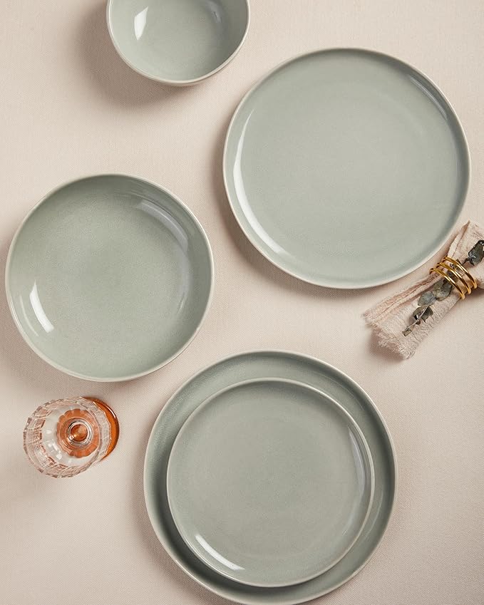 24 Pieces Dinnerware Set for 6 with Pasta Bowls, Complete Ceramic Dish Set, Stackable & Glossy Stoneware Plate and Bowl Set for Effortless Everyday Hosting, Gray Green