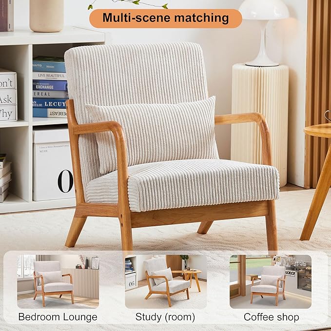 Accent Chairs Set of 2, Mid Century Modern Chair with Pillow, Arm Chair with Solid Wood, Reading Relaxing Leisure Chair for Living Room, Waiting Room, Beige