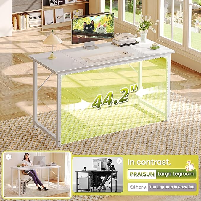 PRAISUN 47 Inch Computer Desk, Home Office Desk with Spacious Desktop, Modern Gaming Desk, Writing Study Table for Bedroom, Small Spaces, Work from Home Desk with Metal Frame, White