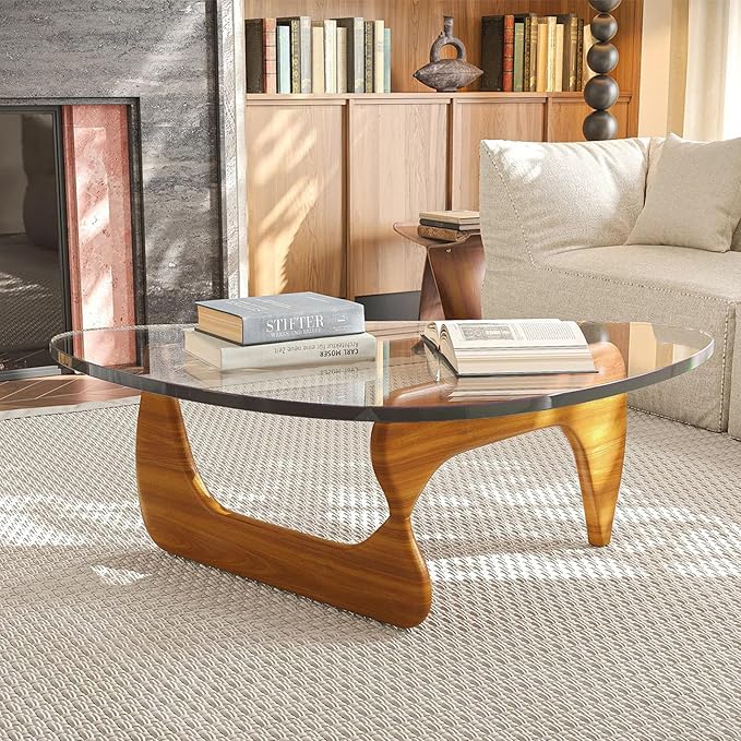 Glass Coffee Table, Mid Century Modern Coffee Table for Living Room, Mesa de Centro para Sala, Rustic Oval Center Table with Tempered Glass Top & Wood Base, Funky Coffee Tables