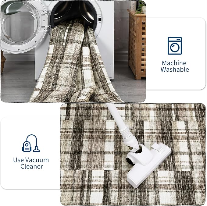 Modern Area Rug 8x10 Rug for Living Room Washable Rug Non Slip Geometric Plaid Throw Rugs Rustic Large Area Rug Low Pile Bedroom Rugs Stain Resistant Carpet for Classroom Office Beige 8'x10'