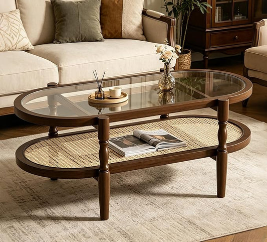 Rattan Coffee Table, Oval Cocktail Table with Glass Top and Solid Wood Frame, Boho Indoor & Outdoor Coffee Table, Walnut, 40 in