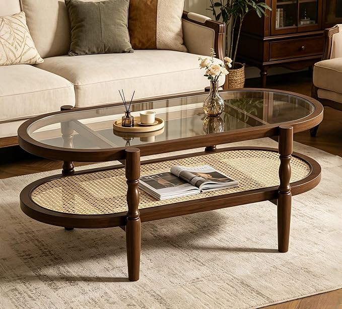 Rattan Coffee Table, Oval Cocktail Table with Glass Top and Solid Wood Frame, Boho Indoor & Outdoor Coffee Table, Walnut, 48 in