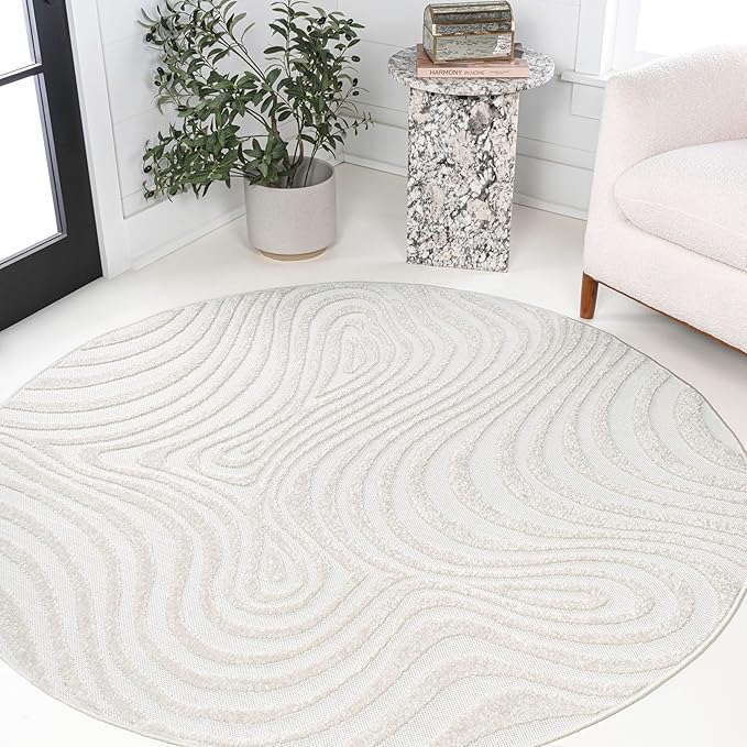JONATHAN Y Maribo High-Low Abstract Striped Cream/Ivory 7' Round Indoor/Outdoor Area Rug, Pet Friendly, Non-Shedding, Stain Resistant, Easy-Cleaning for Backyard, Patio, Porch (SCN103A-7R)