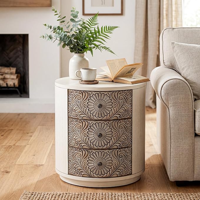HOMPUS Round End Table Set 2, Fully Assembled Nightstand w 3 Storage Drawers, Farmhouse Wood Dresser Set of 2, Vintage Nightstand Bedside Tables, Aceent End Tables for Bedroom, Rustic White