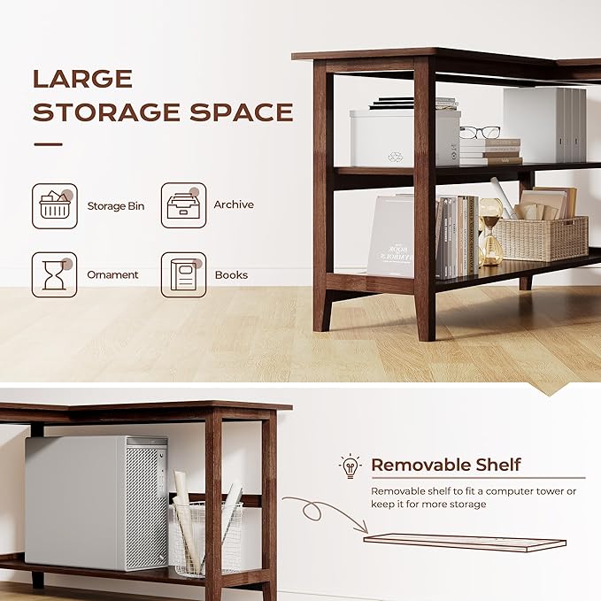 IOTXY Reversible L-Shaped Office Desk - 53" Modern Corner Computer Table with Storage Shelves, Solid Wood Legs, Home Writing & Study Workstation, Walnut