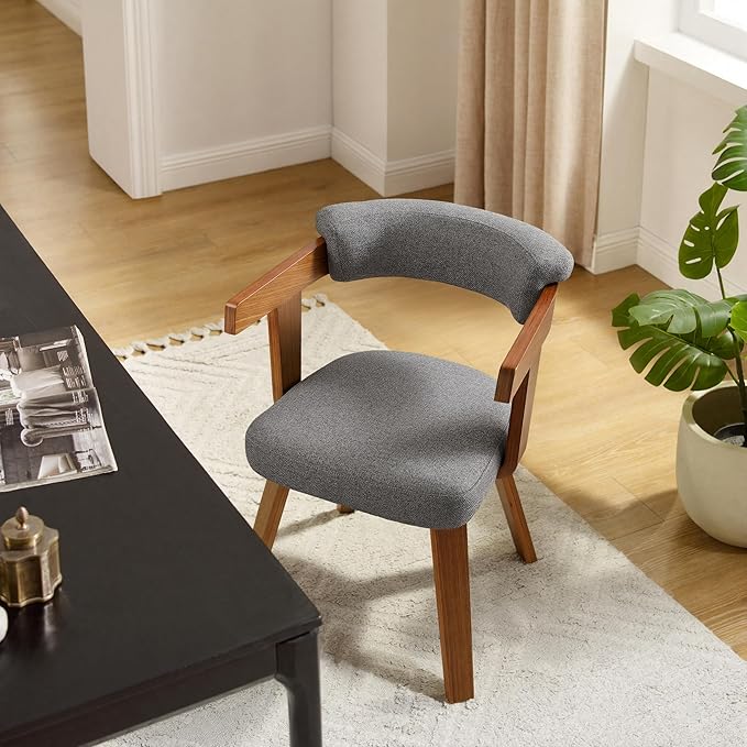 Art Leon Office Chair No Wheels - Mid Century Modern Desk Chair, Fabric Upholstered Accent Arm Chair with Wood Legs for Small Spaces Home Office Living Room Bedroom Study, Off White/Walnut
