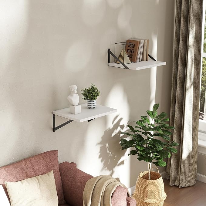 Deep Floating Shelves Wall Mounted, 16"x12" White Wall Shelves with Brackets Set of 2 for Bedroom, Living Room, Bathroom, Kitchen, Office - Storage & Display Shelf for Decor, Books, Plants