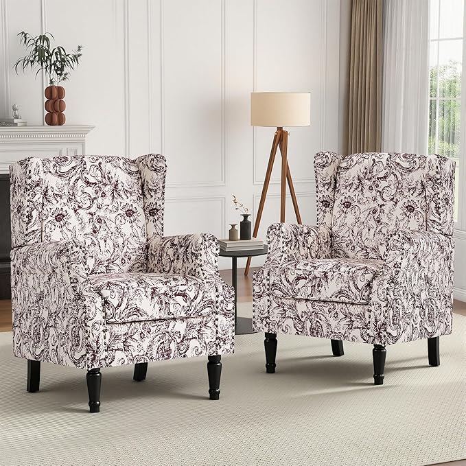 High Back Floral Accent Chairs Set of 2, Fabric Wingback Chair Upholstered Armchair for Living Room - Rococo Plum