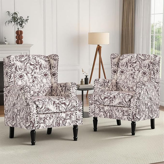 High Back Floral Accent Chairs Set of 2, Fabric Wingback Chair Upholstered Armchair for Living Room - Rococo Plum