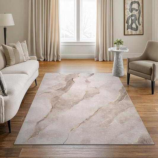 Bloom Rugs Caria Washable Non-Slip 4x6 Rug - Ivory/Gold Modern Abstract Area Rug for Living Room, Bedroom, Dining Room, and Kitchen - Exact Size: 4' x 6'