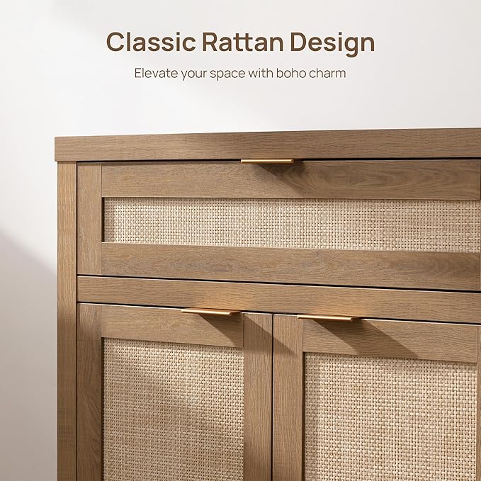 SICOTAS Buffet Cabinet Sideboard with Storage, Rattan Accent Cabinet with Doors Drawer, Boho Credenzas Farmhouse Buffet Table Console Coffee Bar Cabinets for Entryway Living Room, Natural Oak