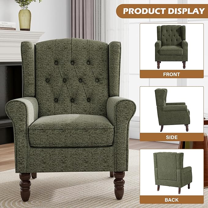Mid-Century Modern Wingback Chair - Plush Upholstered Accent Armchair with Solid Oak Legs, Ergonomic High Back Lounge Chair for Living Room, Bedroom Office - Retro Modern Reading Chair Dark Green