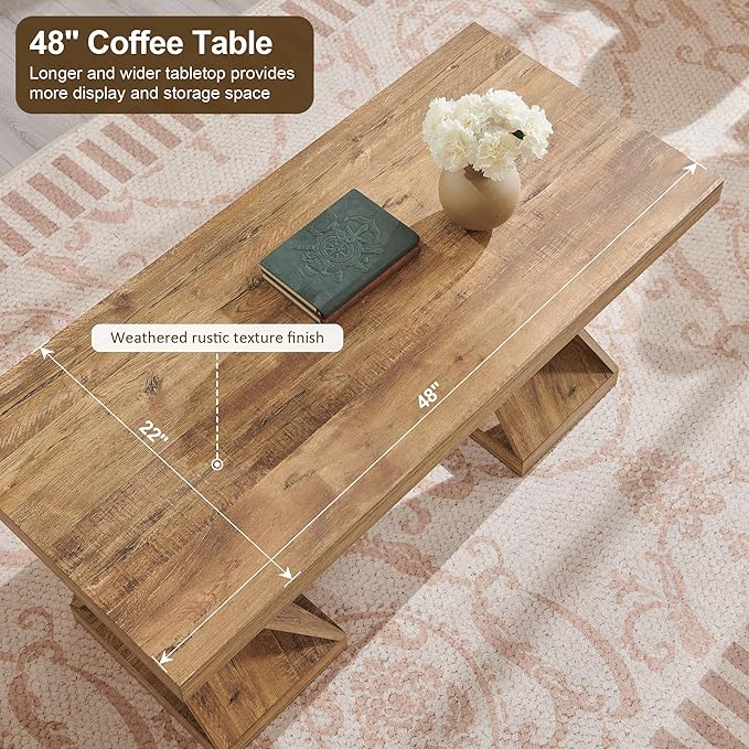 OKD Modern Coffee Table, 48" Twisted Center Table with Wood Thickened Pedestal, Rectangular Rustic Living Room Table, Farmhouse Storage Low Cocktail Tea Table,Golden Rustic Barnwood