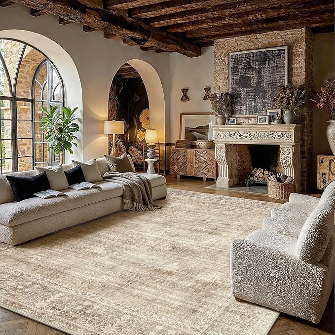 HUGEAR Beige 9x12 Washable Area Rugs for Living Room Bedroom Large Neutral Vintage Rug Soft Durable Carpet Distressed Non Slip & Shedding Stain Resistant Low Pile for Home Decor