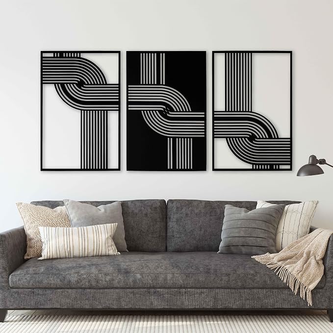 Abstract Wood Wall Art Set of 3, Geometric Curved Line Decorative Panels, Mid Century Modern Wooden Decor, Scandinavian New House Gift for Living Room and Bedroom