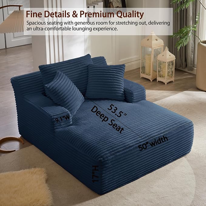 50" Chaise Lounge Chair Indoor, Corduroy Lazy Sofa Bed Sleeper Chair with 3 Pillows & Spring Cushion, Oversized Reading Chair for Living Room Apartment, Blue