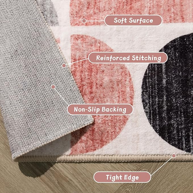 MUJOO Round Rugs 5ft,Circle Area Rug Washable,Circular Rugs for Living Room Dining Room,Boho Non Slip Throw Floor Carpet Modern Abstract Pink and Grey