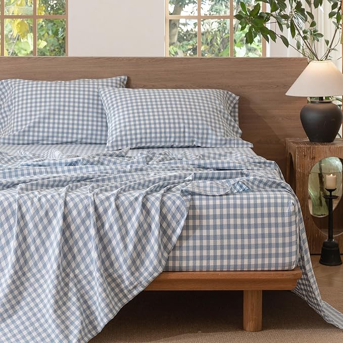 MooMee Gingham Sheet Set 100% Washed Cotton Linen Like Textured Breathable Soft w/Fully Elasticized 16-19" Deep Pocket (Classic Gingham Cornflower Blue, King)