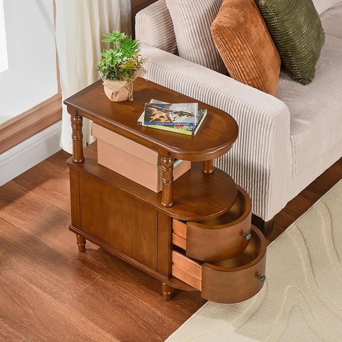Biaco Set of 2 Solid Wood End Tables with 2 Drawers - Caramel Brown Mid-Century Modern Side Tables, Full Assembly Nightstand Bedside Tables for Living Room/Office (23.4" Dx11.4 Wx25.3 H) BG-A508-MG