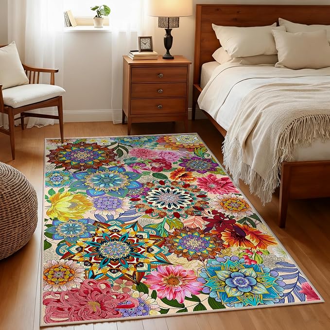3'x5' Boho Floral Area Rugs for Entryway Kitchen Living Room Bedroom, Non-Slip Machine Washable Colorful Flower Entry Rugs Carpet Door Mat Indoor Entrance Aesthentic