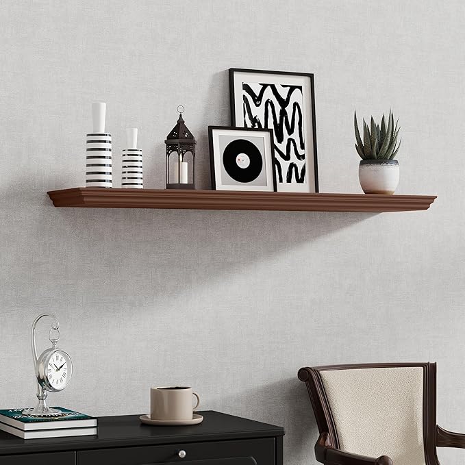 Fun Memories Floating Shelves 40 Inch Long, 9.3 Inch Deep Classic Crown Molding Floating Shelves for Wall, Rustic Wooden Shelves for Wall Decor Bathroom, Kitchen, Office, (Walnut, 1Pack)