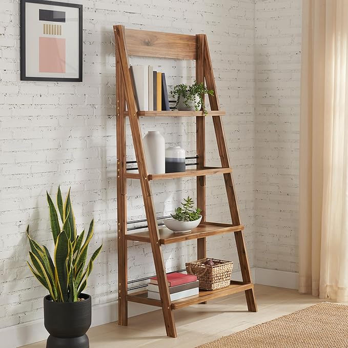 Alaterre Furniture Ladder Bookshelf - Freestanding 4-Tier Bookcase with X-Back Frame - Shelves for Living Room, Kitchen, Bedroom, and Office (Walnut)
