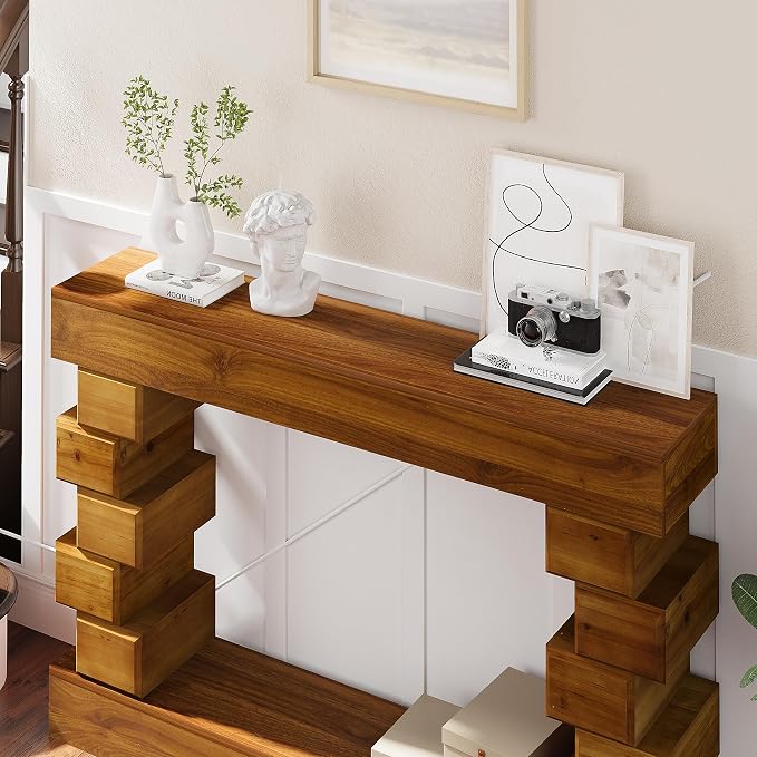 Wood Console Table, 47.24" Retro Long Boho Sofa Table Behind Couch with Geometric Block Stacked Design, Wooden Narrow Sofa Table Hall Table for Living Room Foyer Entrance Entryway, Brown
