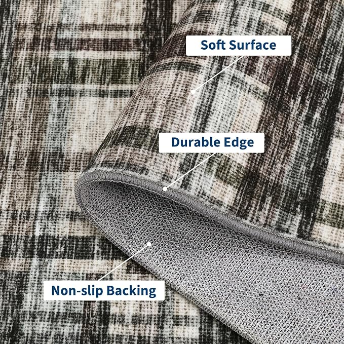 Washable Runner Rug 2x6 Runners Modern Bathroom Rugs Contemporary Plaid Low Pile Farmhouse Small Non Slip Kitchen Rug Stain Resistant Carpet for Entryway Living Room Bedroom, Green/Brown 2'x6'