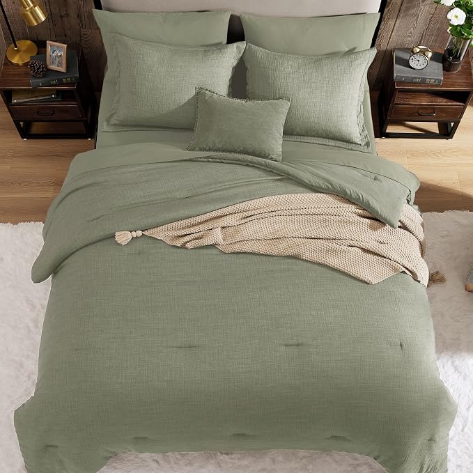 Geniospin California King Comforter Set - 7 Pieces Sage Green Cal King Bedding Set, Solid Bed Set for All Season, Textured Bed in a Bag with Flat Sheet and Fitted Sheet, Pillowcases and Shams