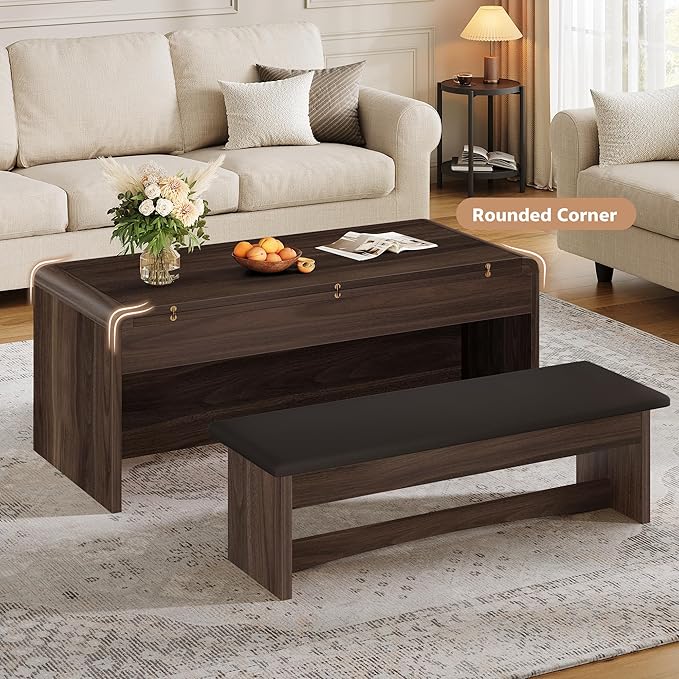 Coffee Table Lift Top, 40'' Multi-Function Coffee Table Set with Bench & Hidden Compartment, Center Table w/Curved Corner, Converts to Home Office Table, Dining Table for Living Room, Walnut