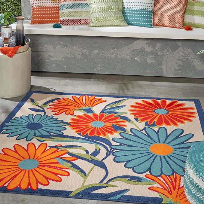 Nourison Home Aloha Multicolor 5'3" x Square Area Rug - Easy Clean, Non Shedding, Bed Room, Living Room, Dining Room, Kitchen (5' x Square)