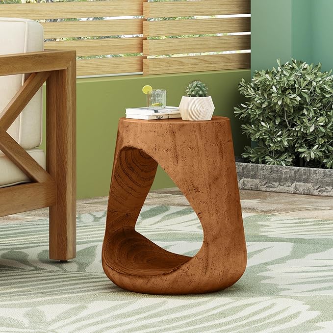 ø14.5'' Side Table End Table for Living Room, Modern Retro Farmhouse Countryside Style, Magnesium Oxide Material for Indoor & Outdoor, No Assembly, Wood Grain, Antique Brown