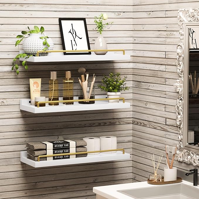 Floating Shelves for Wall Decor, White and Gold Shelves for Bathroom, Living Room, Bedroom, Picture Frames, Plants, Kitchen (Set of 3)