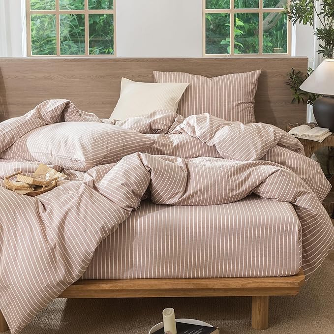 MooMee Striped Duvet Cover Set 100% Washed Cotton Linen Like Textured Breathable Durable Soft Comfy (Orange White Wide Stripes, Oversized Queen 98"x98")