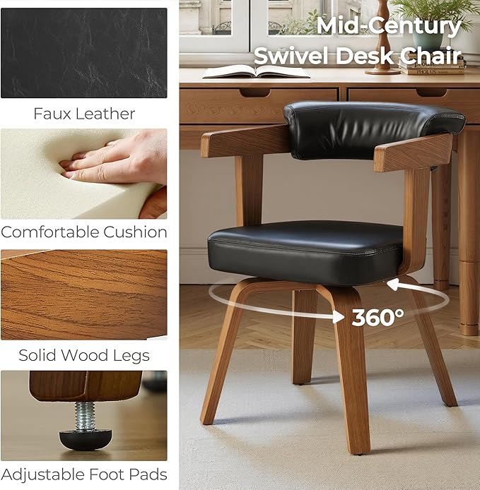 Art Leon Home Office Desk Chair - Mid Century Modern Chair, Faux Leather Office Chair No Wheels, Comfy Accent Arm Chair with Wood Legs for Small Spaces Living Room Bedroom Study, Black/Walnut