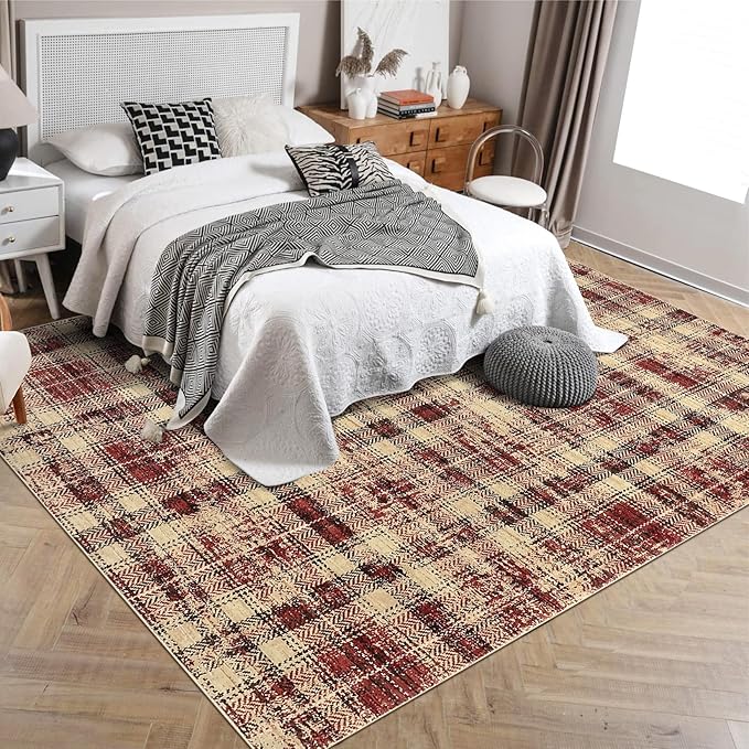 Washable Rug 10x13 Large Area Rug for Living Room Christmas Plaid Soft Bedroom Rug Non Shedding Non Slip Throw Rugs Stain Resistant Carpet for Dining Room Office Nursery Rugs 10'x13' Red