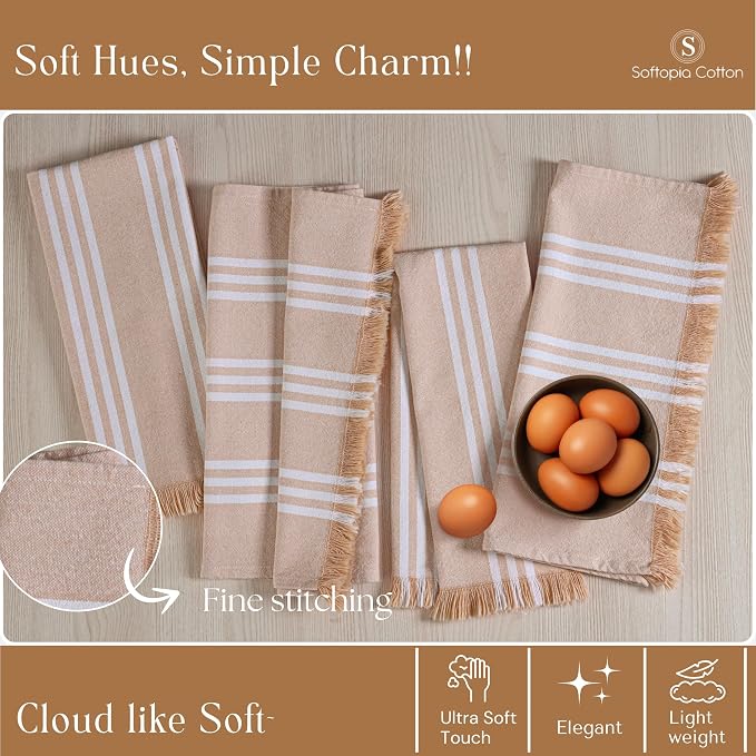 Prewashed Stripe Kitchen Towels 4 Pack, 16x26 Inches, 100% Cotton, Dish Towels for Kitchen Drying, Reusable Tea Towels, Absorbent Wash Cloths, Quick Dry and Machine Washable - Beige