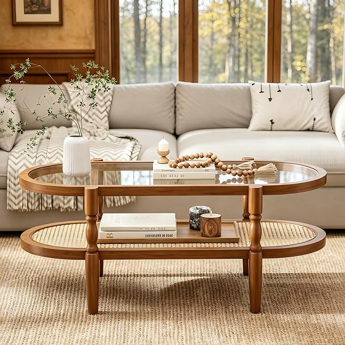Rattan Coffee Table, Oval Cocktail Table with Glass Top and Solid Wood Frame, Boho Indoor & Outdoor Coffee Table, Brown, 48 in