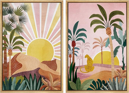 IDEA4WALL Framed Canvas Print Wall Art Set Sunlight Over Tropical Jungle Cheetah Cat Nature Wilderness Digital Art Modern Art Decorative Animals for Living Room, Bedroom, Office - 24"x36"x2 Natural