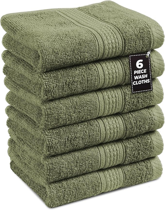 LANE LINEN 100% Cotton Washcloths 6 Pack - Spa & Salon Quality - Ring Spun Cotton Face Cloths - Very Soft & Absorbent Wash Cloths for Body, Beauty, Home, Gym - Fingertip Towels - 13"x13", Oil Green