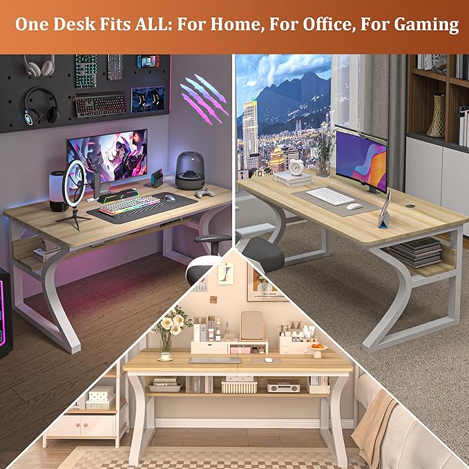 AZN Computer Desk, 55x24 in Computer Desk, Office Desk w/Storage & U-Size Metal Frame for Home Office Bedroom Gaming, Office Desk w/Water-Resistant, Scratchproof Surface, Light Walnut