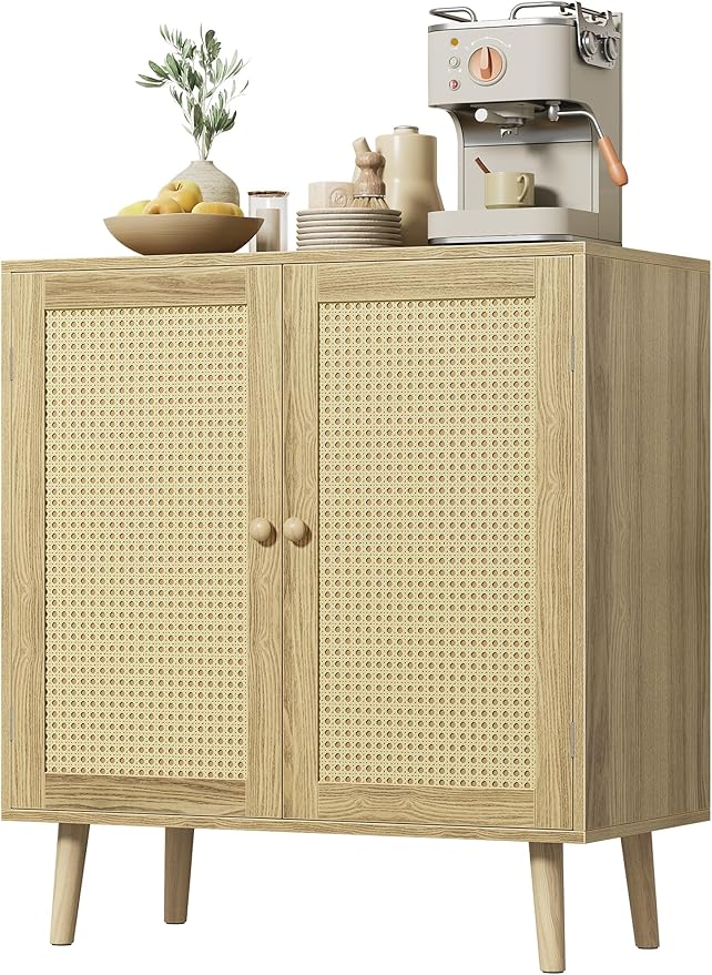 Huuger Buffet Cabinet with Storage, Storage Cabinet with PE Rattan Decor Doors, Accent Sideboard Buffet with Solid Wood Feet, for Hallway, Entry, Living Room, Natural