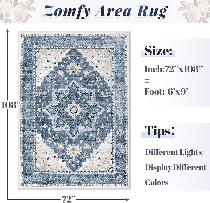Area Rug 6x9 Vintage Rug: Washable Indoor Medallion Rugs Low Pile Distressed Floor Carpet Retro Accent Rug for Living Room Bedroom Kitchen Dining Table Home Office(Blue, 6'x9')